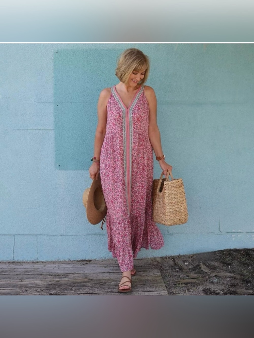 J. Jill Sleeveless Tiered Maxi Dress Paisley Boho Pink S